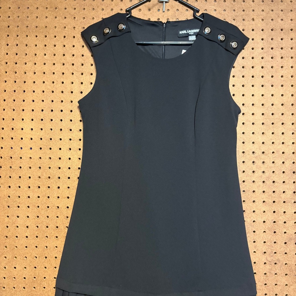 Karl Lagerfeld Paris Shift Dress 8 Black Pleated Hem Button Shoulder LBD Mod - Picture 5 of 6